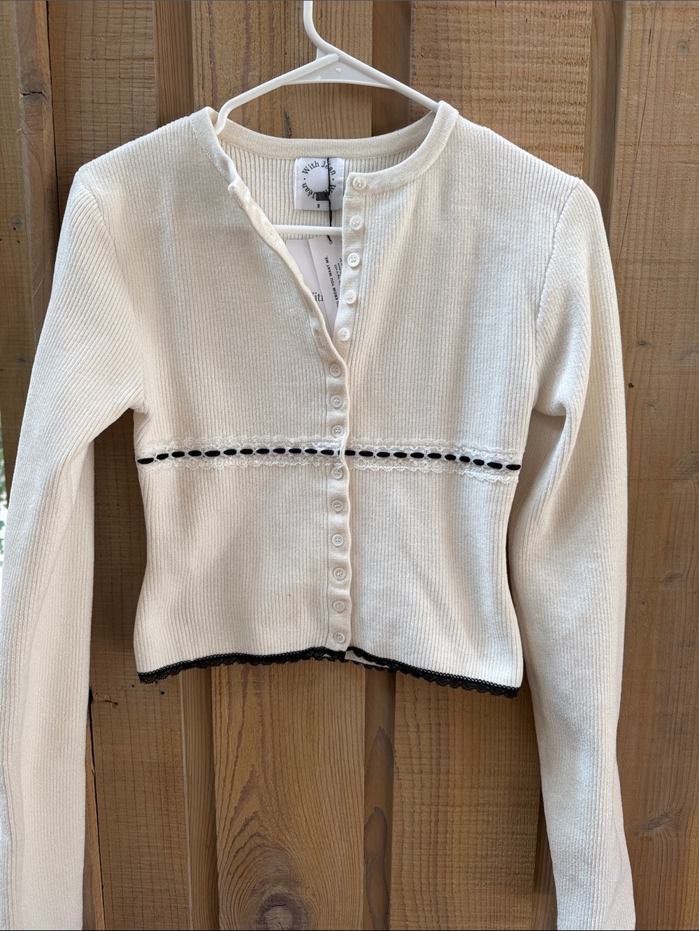 With Jean Cream Cropped Ribbed Cardigan with Black Trim